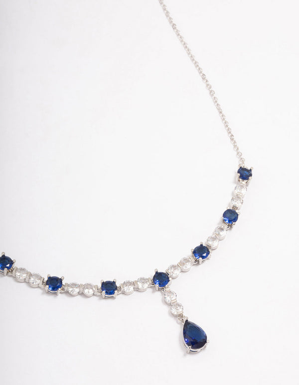Rhodium Sapphire Stone Drop Necklace