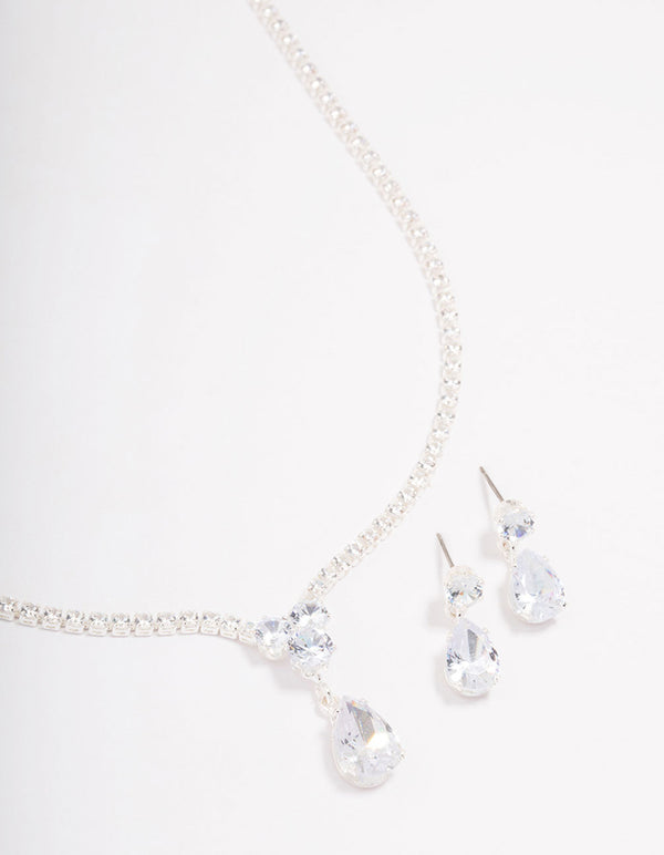Silver Solitaire Necklace & Earring Jewellery Set