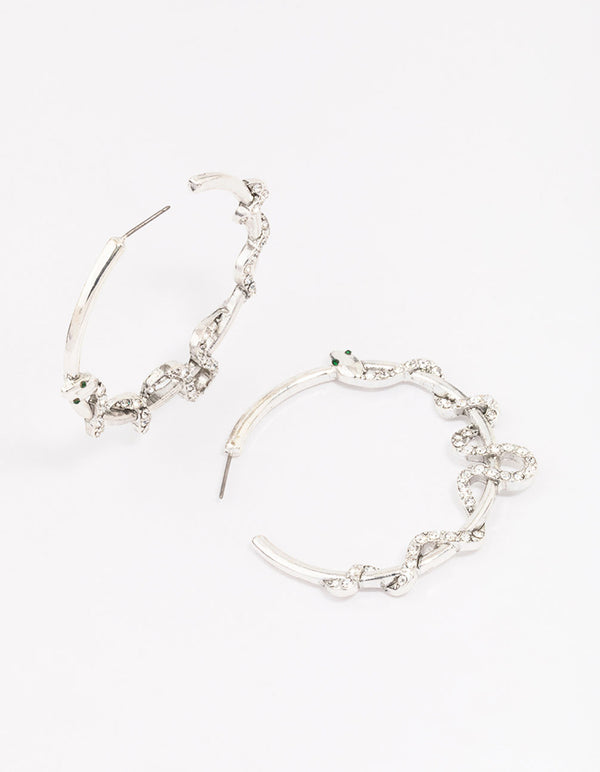 Antique Silver Snake Diamante Medium Hoop Earrings