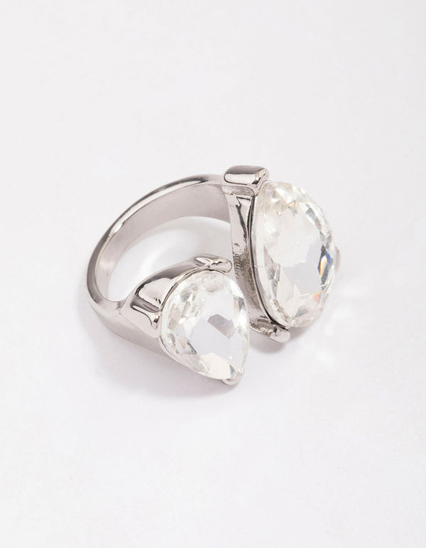 Rhodium Double Pear Crystal Ring