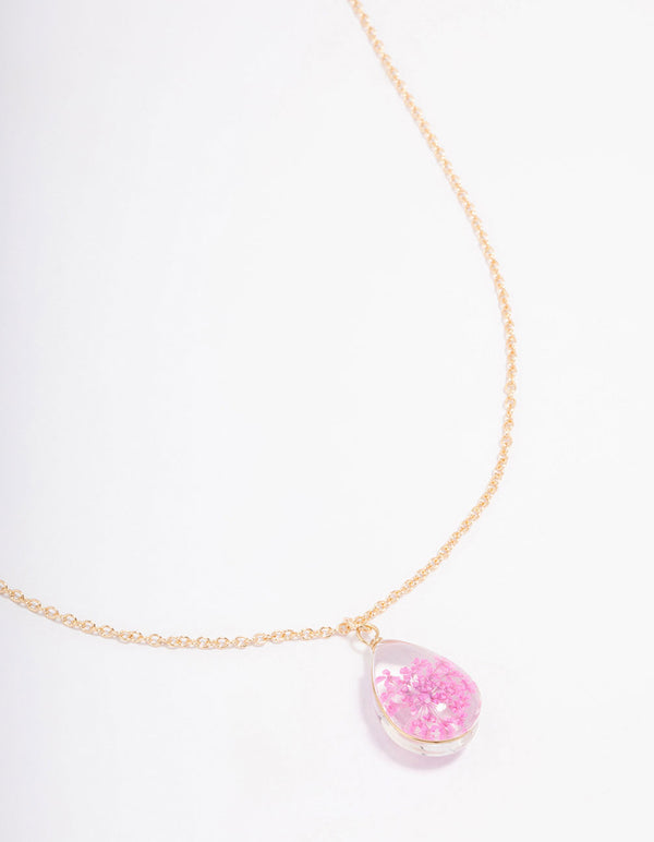 Gold Pink Resin Flower Pendant Necklace