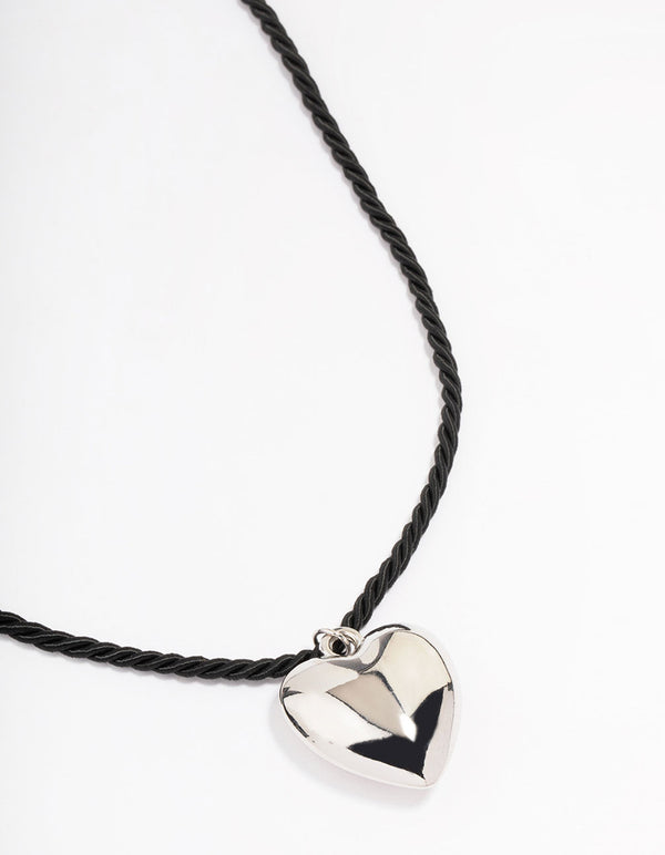 Rhodium Metal Heart Cord Necklace