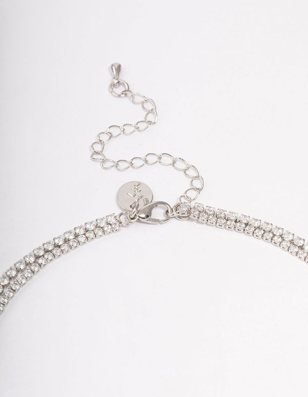 Silver Cubic Zirconia Round Baguette Layered Necklace