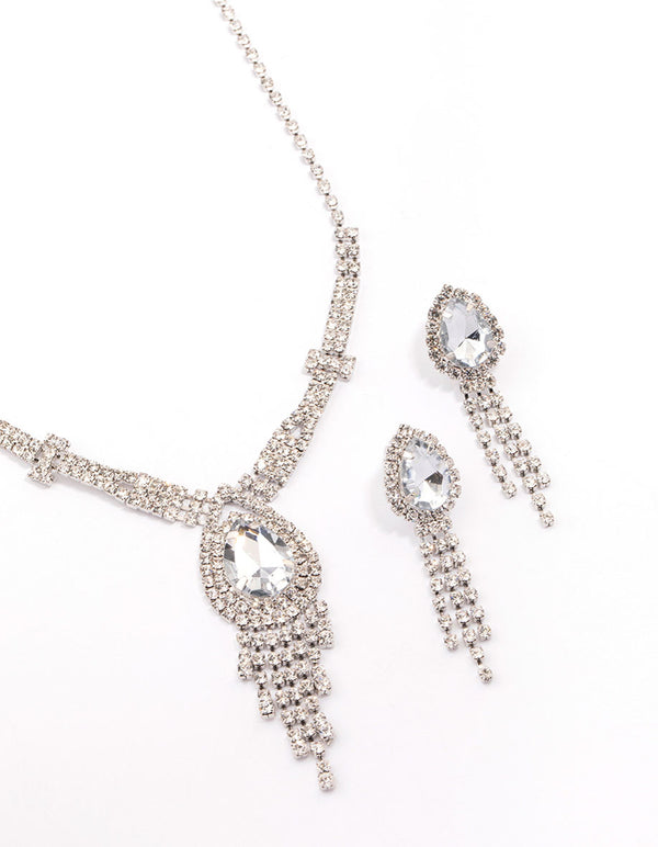 Rhodium Vintage Diamante Drop Jewellery Set