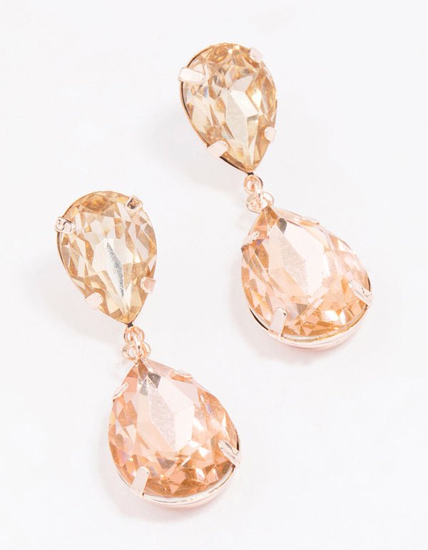Rose Gold Double Pear Diamante Drop Earrings