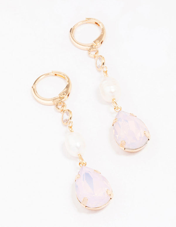 Gold Pearl Double Huggie Drop Earrings