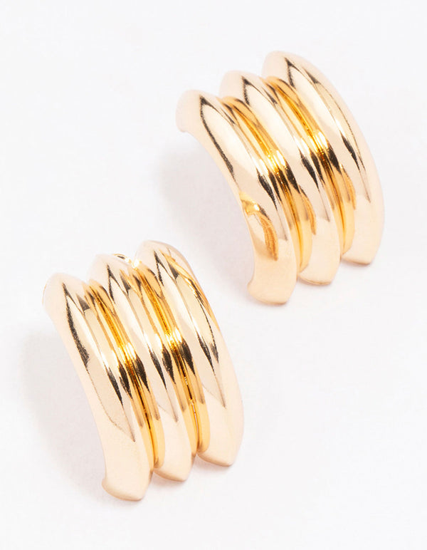 Gold Ribbed Barrel Stud Earrings