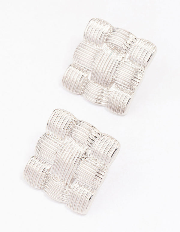 Rhodium Quilted Square Stud Earrings