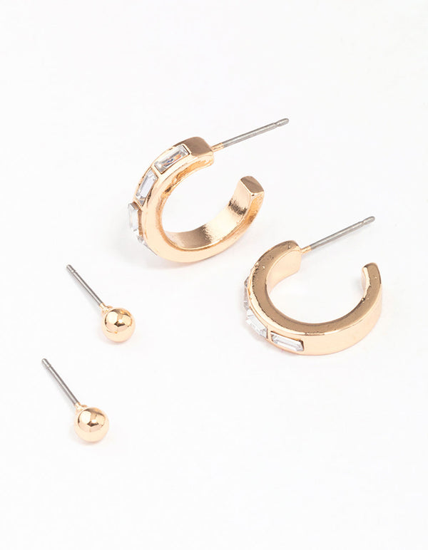 Gold Rectangular Diamante Hoop & Stud Earring Pack