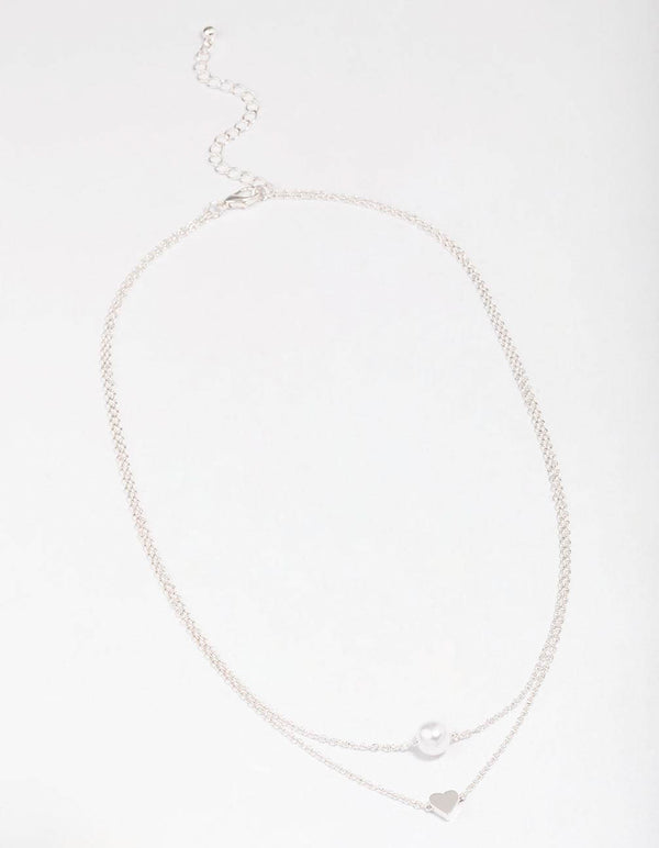 Silver Double Chain & Pearl Heart Layered Necklace