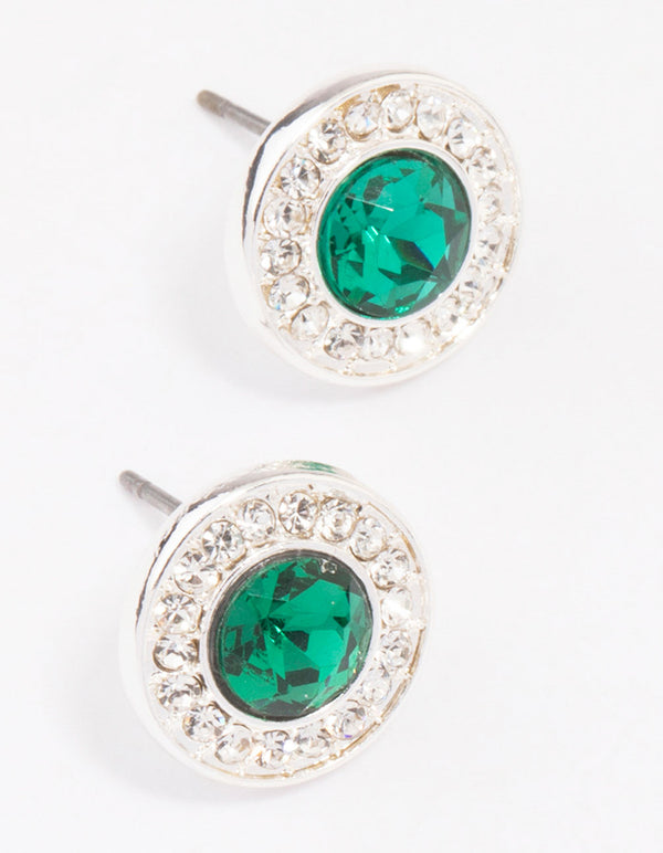 Silver Halo Emerald Diamante Stud Earrings