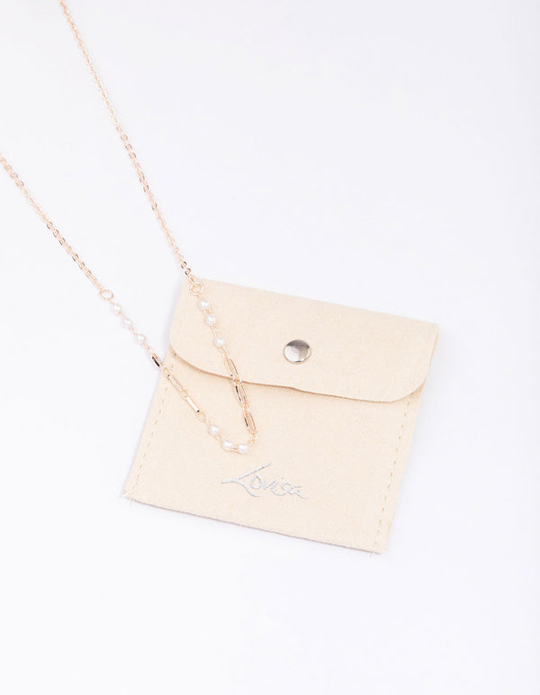 Rose Gold Pearl & Rectangular Link Chain Necklace