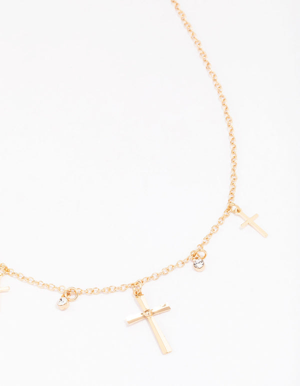 Gold Diamante Cross Droplet Necklace
