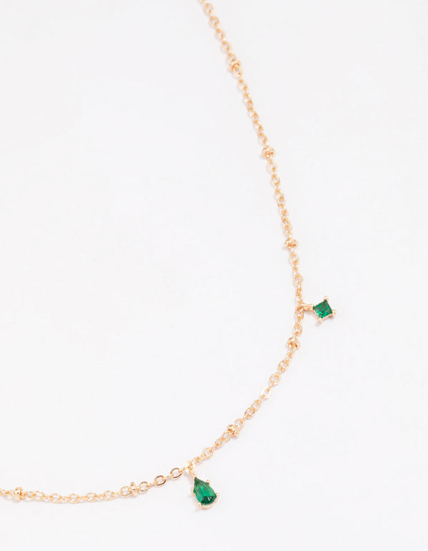 Gold Pear Emerald Droplet Chain Necklace