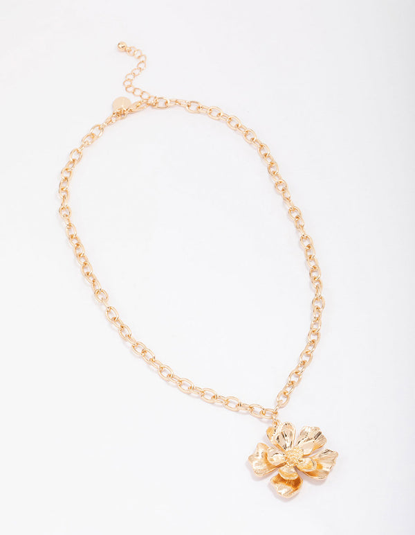 Gold Chain Detail Flower Pendant Necklace