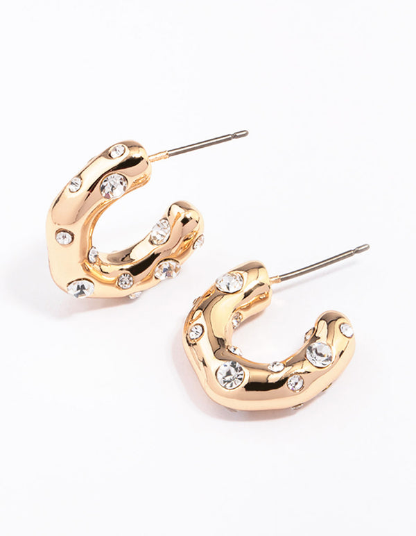 Gold Textured Diamante Hoop Earrings