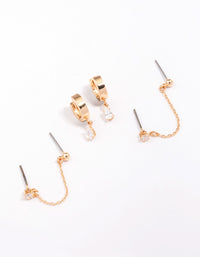 Gold Cubic Zirconia Chain Stud & Hoop Earring 3-Pack - link has visual effect only