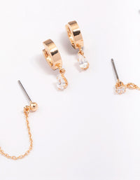 Gold Cubic Zirconia Chain Stud & Hoop Earring 3-Pack - link has visual effect only