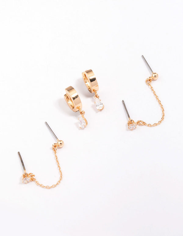 Gold Cubic Zirconia Chain Stud & Hoop Earring 3-Pack