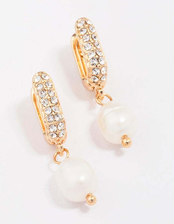 Gold Small Diamante & Pearl Drop Earrings