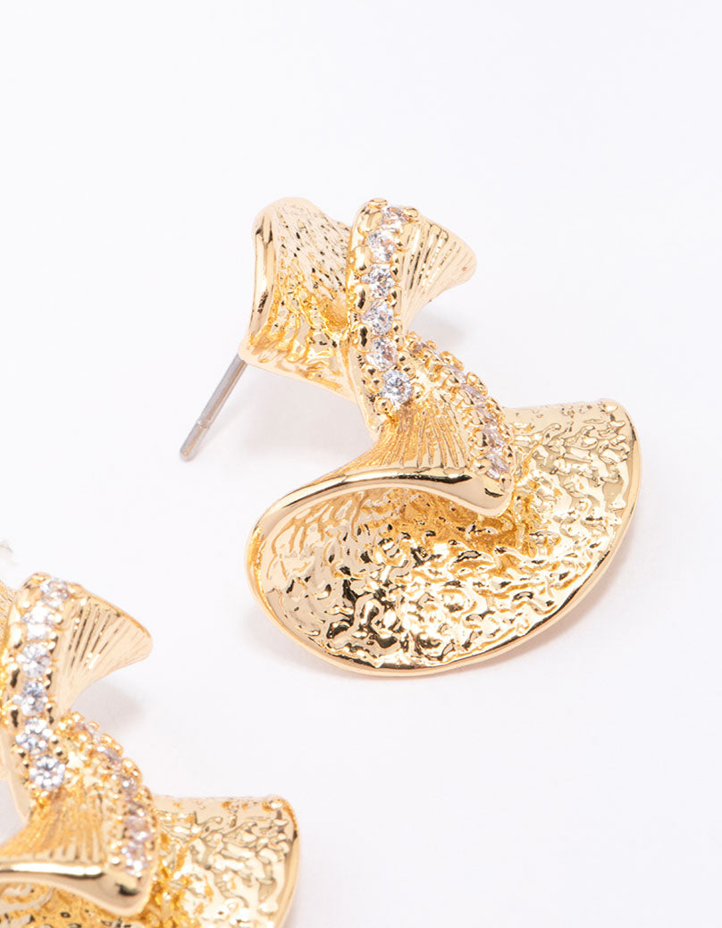 Gold Plated Cubic Zirconia Hammered Twisted Earrings