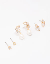 Gold Plated Cubic Zirconia Cluster & Pearl Earring 3-Pack - link has visual effect only