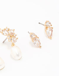 Gold Plated Cubic Zirconia Cluster & Pearl Earring 3-Pack - link has visual effect only