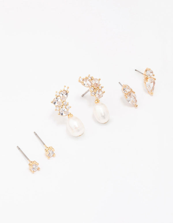 Gold Plated Cubic Zirconia Cluster & Pearl Earring 3-Pack