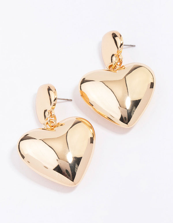 Gold Double Puffy Heart Drop Earrings