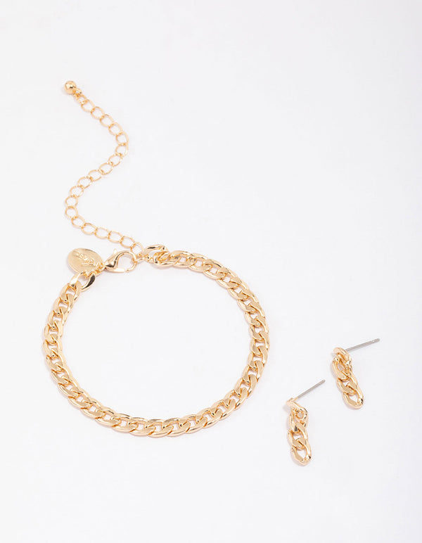 Gold Curb Chain Bracelet & Earring Set