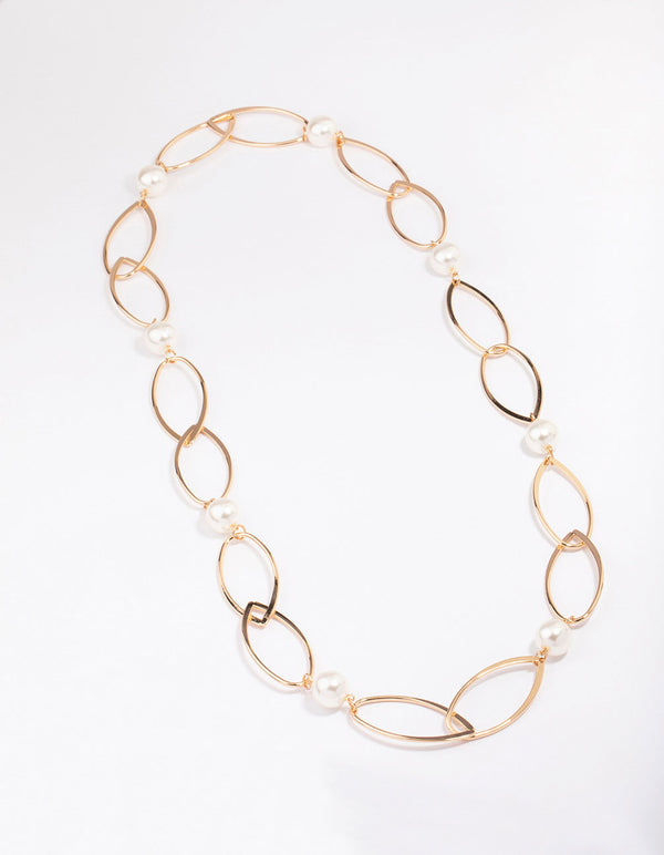 Gold Oval Pearl Link Chain Necklace