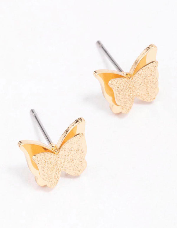 Gold Sandblast Butterfly Stud Earrings