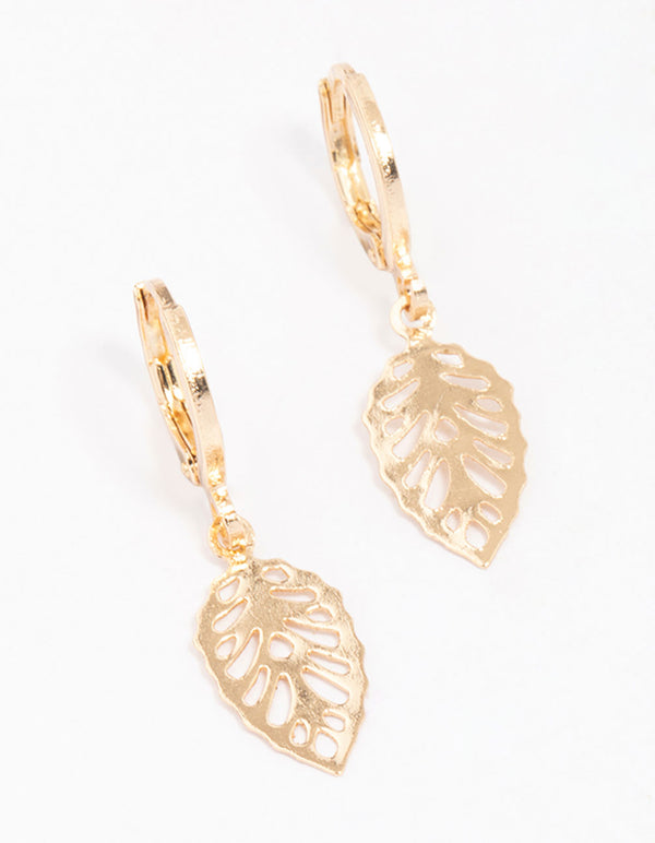 Gold Cut-Out Leaf Huggie Hoop Earrings