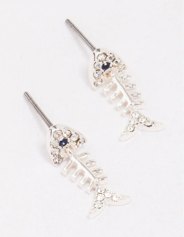 Silver Skeleton Fish Stud Earrings