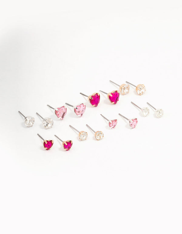 Silver Heart & Crystal Solitaire Earring 8-Pack