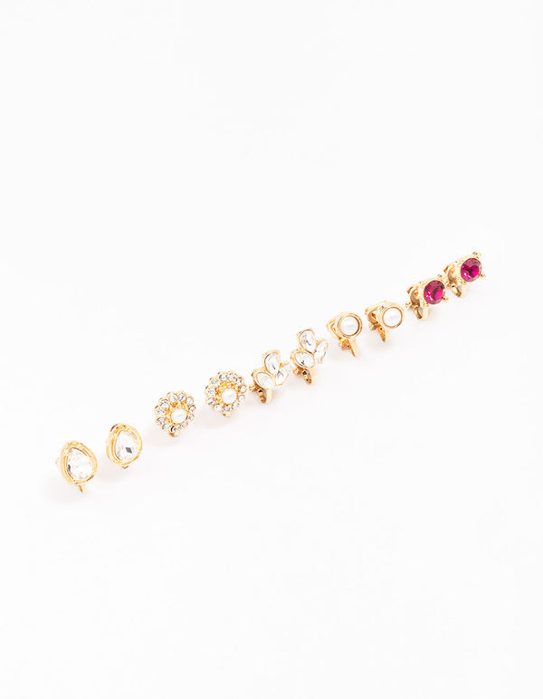 Gold Jewel Stone Clip On Earring 5-Pack