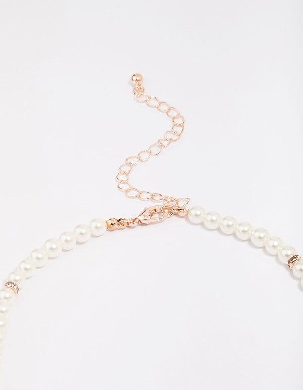 Rose Gold Pearl Necklace, Earrings & Bracelet Set