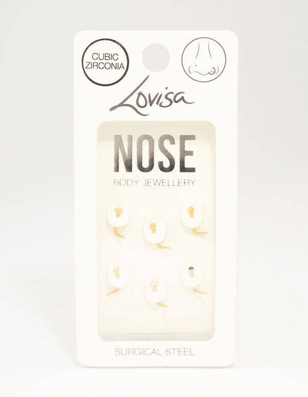 Gold Plated Surgical Steel Heart Diamante Nose 6-Pack