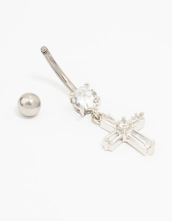 Surgical Steel Baguette Cross Drop Belly Piercing