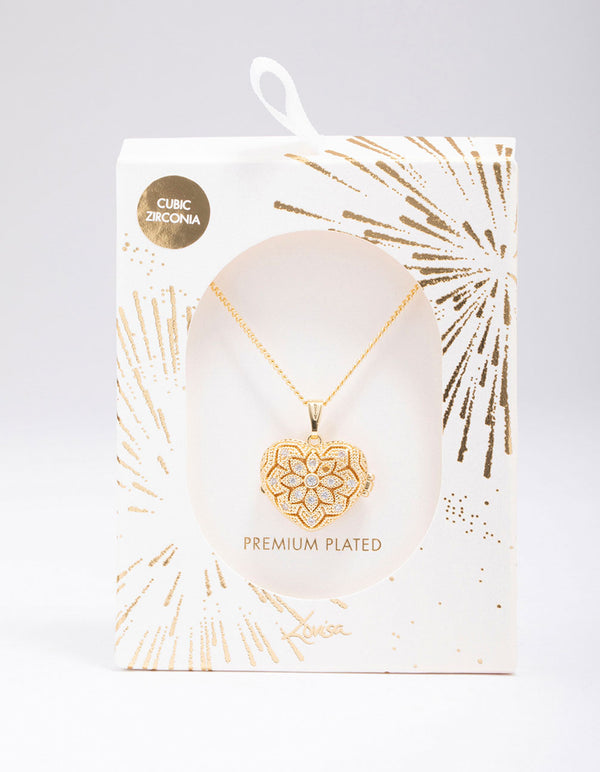Gold Plated Heart Locket Cubic Zirconia Pendant Necklace