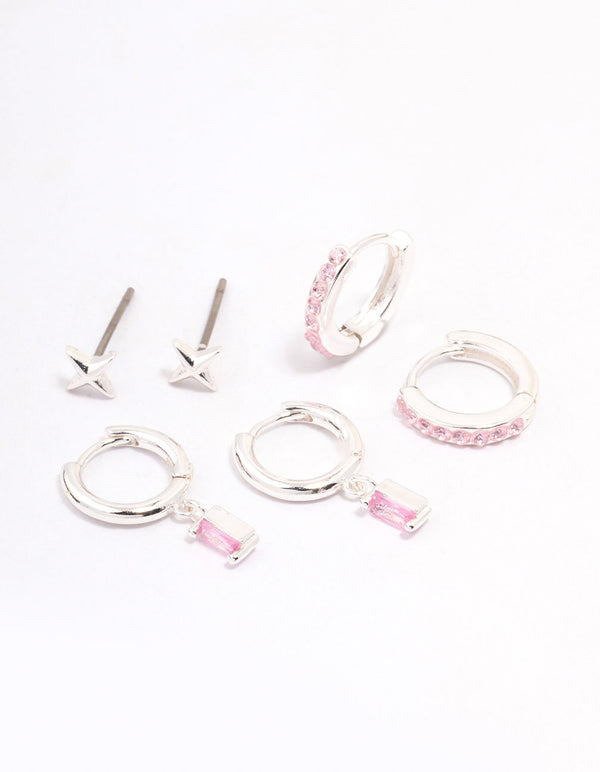 Silver Plated Pink Baguette Earring 3-Pack