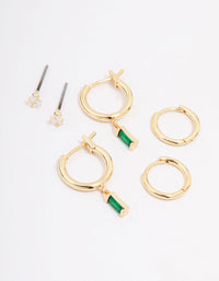 Gold Plated Cubic Zirconia Emerald Baguette Earring 3-Pack - link has visual effect only