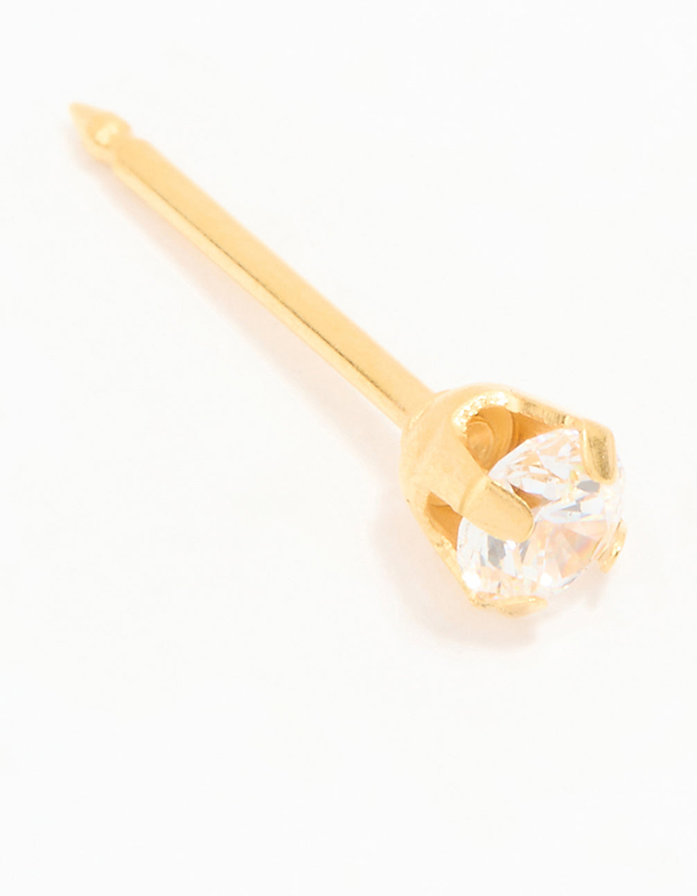 Showcasing cubic zirconia surgical stainless steel 3MM piercing stud with 24K gold plated finish front view