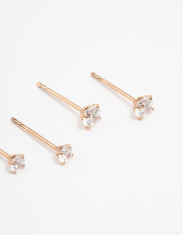 Rose Gold Plated Surgical Steel Graduating Cubic Zirconia Stud Earring Pack