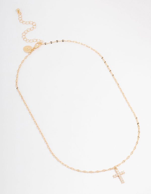 Gold Bezel Diamante Cross Pendant Necklace