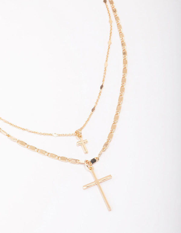 Gold Double Cross Layered Necklace