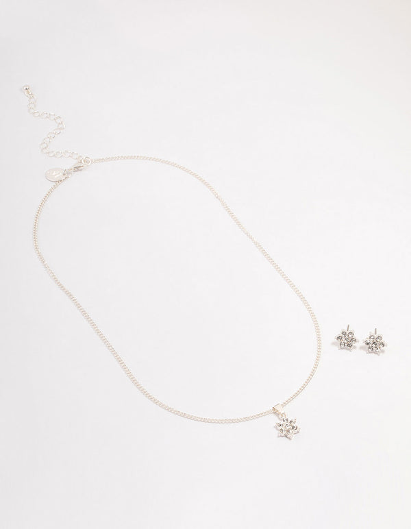 Silver Flower Czech Crystal Stud Earrings & Necklace Set