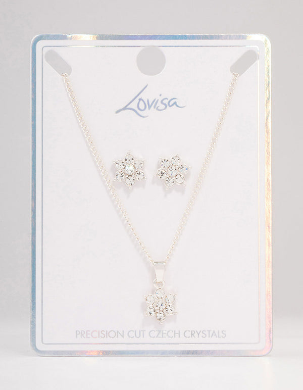 Silver Flower Czech Crystal Stud Earrings & Necklace Set