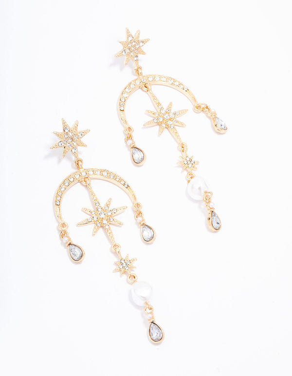 Gold Celestial Pearl Drop Earrings