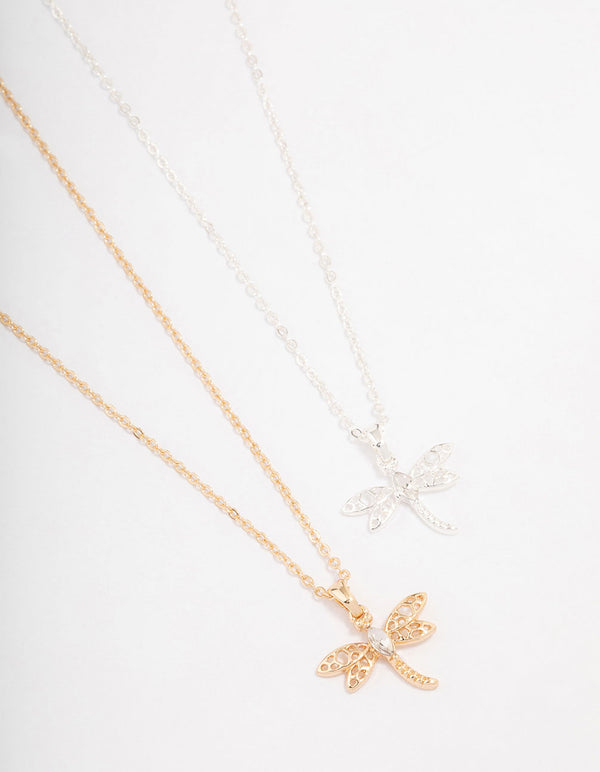 Gold & Silver Dragonfly Necklace 2-Pack